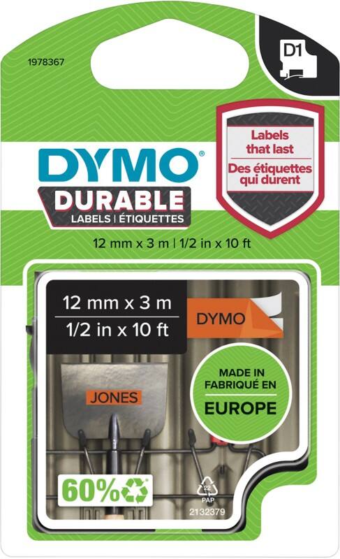 Dymo D1 1978367 Authentic Durable Label Tape Self Adhesive Black Print on Orange 12 mm x 3m