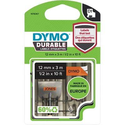 Dymo D1 1978367 Authentic Durable Label Tape Self Adhesive Black Print on Orange 12 mm x 3m