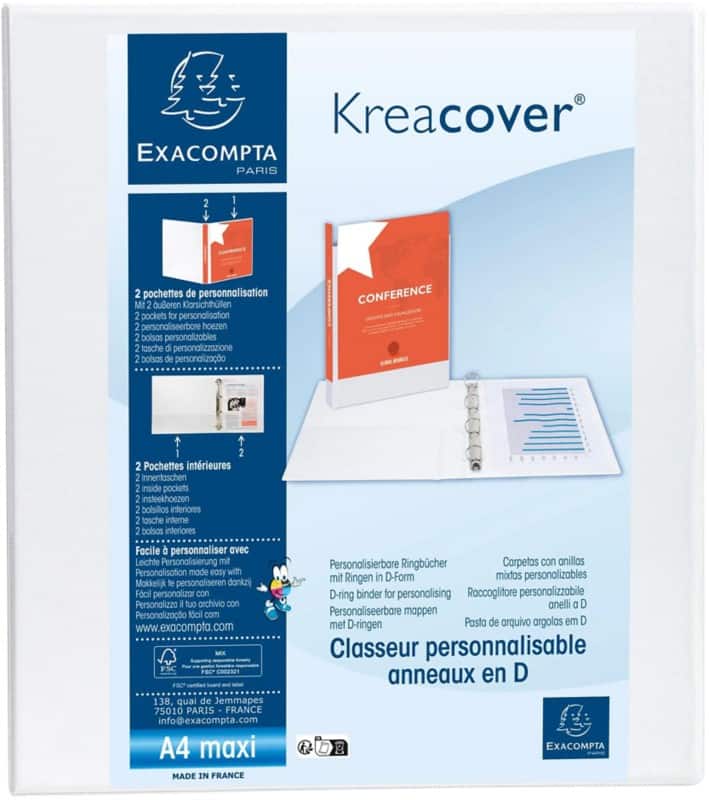 Exacompta KREACOVER  50 mm Ring Binder PP (Polypropylene) A4 4 Rings White