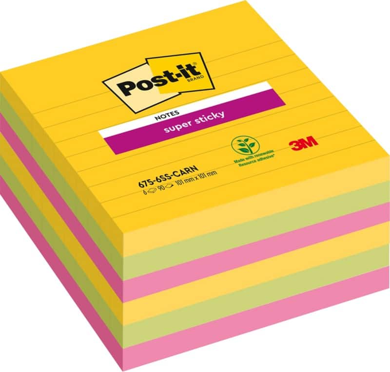 Post-it Super Sticky Notes 101 x 101 mm Assorted Square Ruled 6 Pads of 90 Sheets