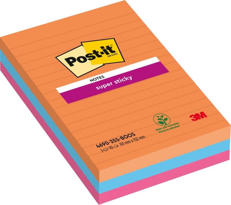 Post-it Bangkok Super Sticky Large  Notes 101 x 152 mm Assorted Colours Rectangular Ruled 3 Pads of 90 Sheets