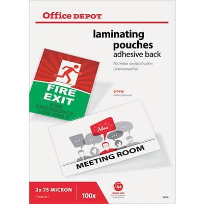 Office Depot Adhesive Back Laminating Pouches Glossy 2 x 75 (150 Micron) A4 Pack of 100