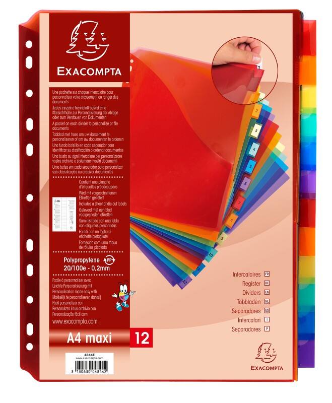 Exacompta Blank Blank Dividers A4+ Assorted 12 Part PP (Polypropylene) 11 Holes 4844E