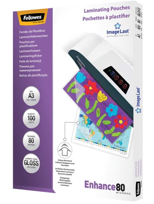 Fellowes ImageLast Enhance Laminating Pouch A3 Glossy 80 microns (2 x 80) Transparent Pack of 100