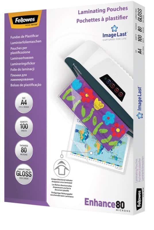 Fellowes ImageLast Enhance Laminating Pouch A4 Glossy 80 microns (2 x 80) Transparent Pack of 100