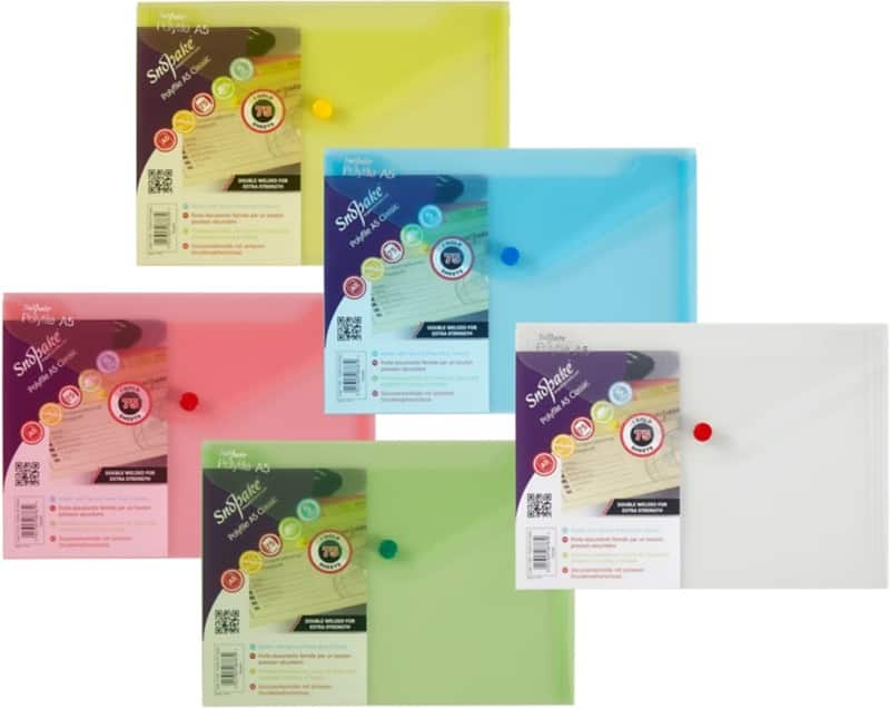 Snopake Polyfile Document Wallet A5 Press Stud PP (Polypropylene) Landscape 25 (W) x 18.5 (H) cm Assorted Pack of 5