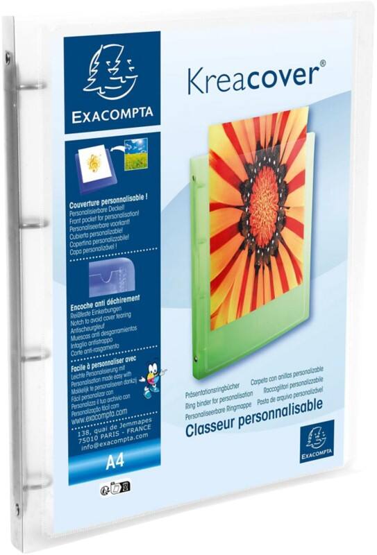 Exacompta Krea Cover Ring Binder Cardboard, PP (Polypropylene) A4 4 Rings Transparent 51968E Pack of 12