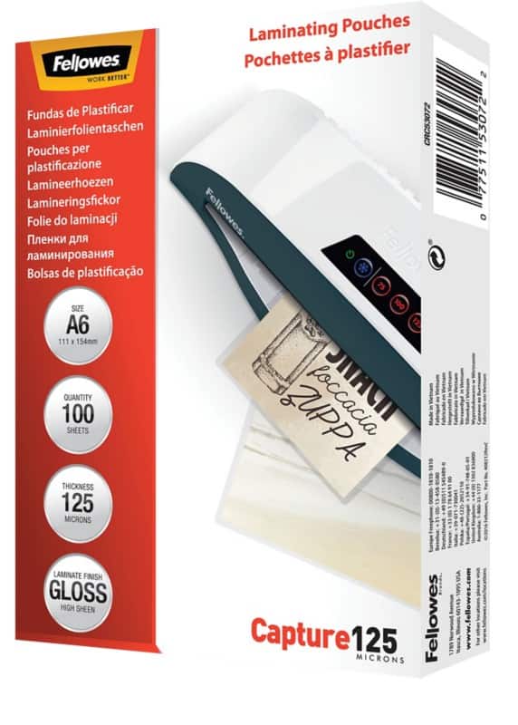 Fellowes Laminating Pouches A6 Glossy 125 microns Transparent Pack of 100