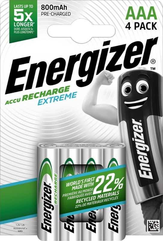 Energizer Rechargeable Battery Extreme AAA 800 mAh Nickel Metal Hydride (NiMH) 1.2 V Pack of 4
