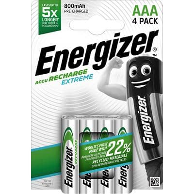Energizer AAA Rechargeable Batteries Extreme HR03 800mAh NiMH 1.2V Pack of 4