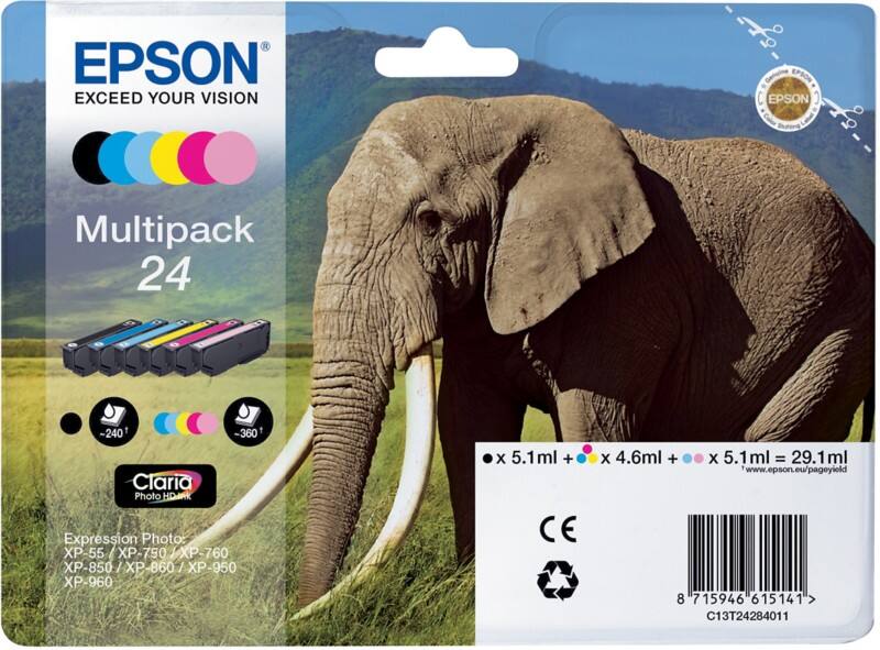 Epson 24 Original Ink Cartridge C13T24284011 Black, Cyan, Light Cyan, Magenta, Light Magenta, Yellow Multipack Pack of 6