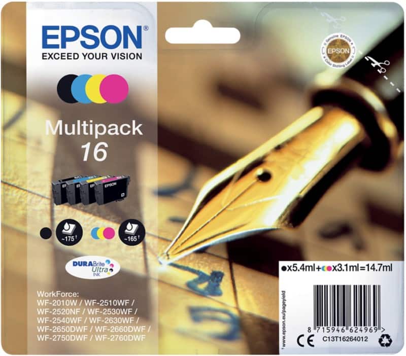 Epson 16 Original Ink Cartridge C13T16264012 Black& 3 Colours Multipack Pack of 4