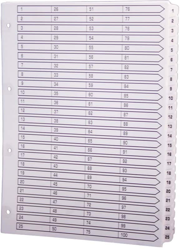 Exacompta 1 to 100 Numerical Dividers A4 White 100 Part Cardboard 11 Holes MWD1-100Z