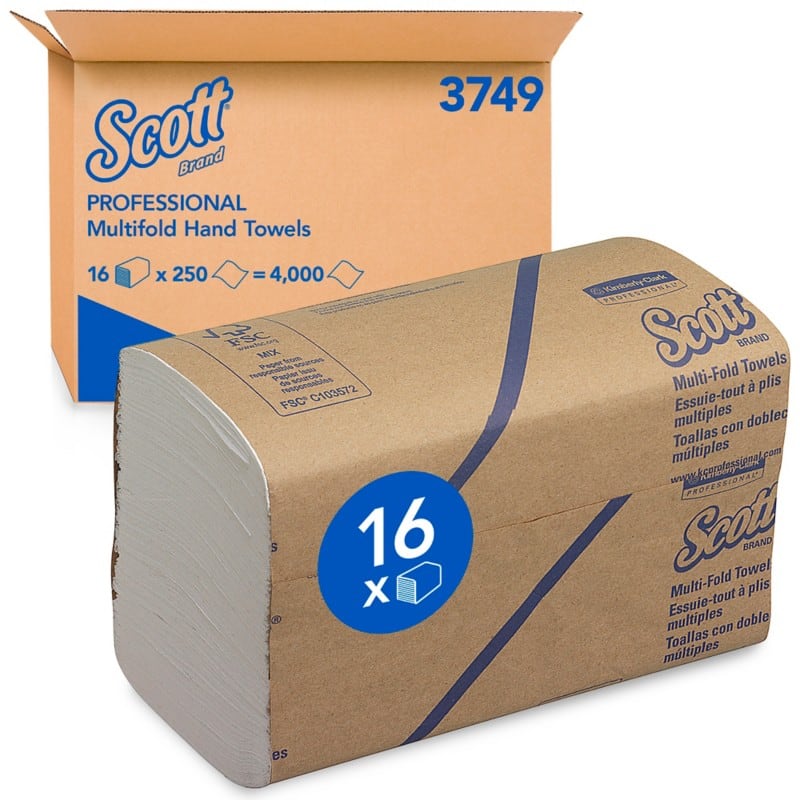 Scott PROFESSIONAL  Paper Hand Towels M-fold White 1 Ply 3749 250 Sheets Pack of 16