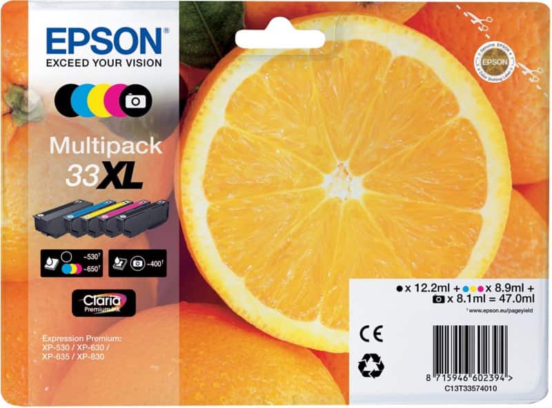 Epson 33XL Original Ink Cartridge C13T33574011 Black, Cyan,Magenta, Yellow Multipack Pack of 5