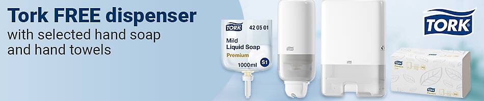 Tork FREE dispenser with selected hand soap and hand towels